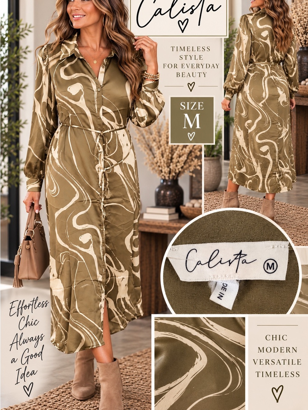 Calista Olive Print Midi Shirt Dress with Tie Waist